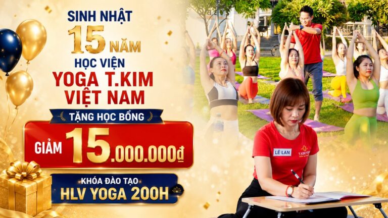 Banner học bổng đào tạo HLV Yoga tri ân 15 năm Học viện Yoga T.Kim, giảm học phí