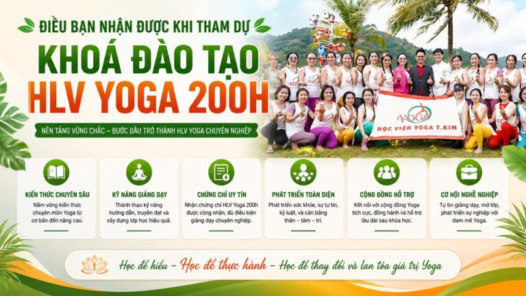 Banner khoá đào tạo HLV Yoga 200H sắp khai giảng với 6 lợi ích: kiến thức chuyên sâu, kỹ năng giảng dạy, chứng chỉ uy tín, phát triển toàn diện, cộng đồng hỗ trợ, cơ hội nghề nghiệp