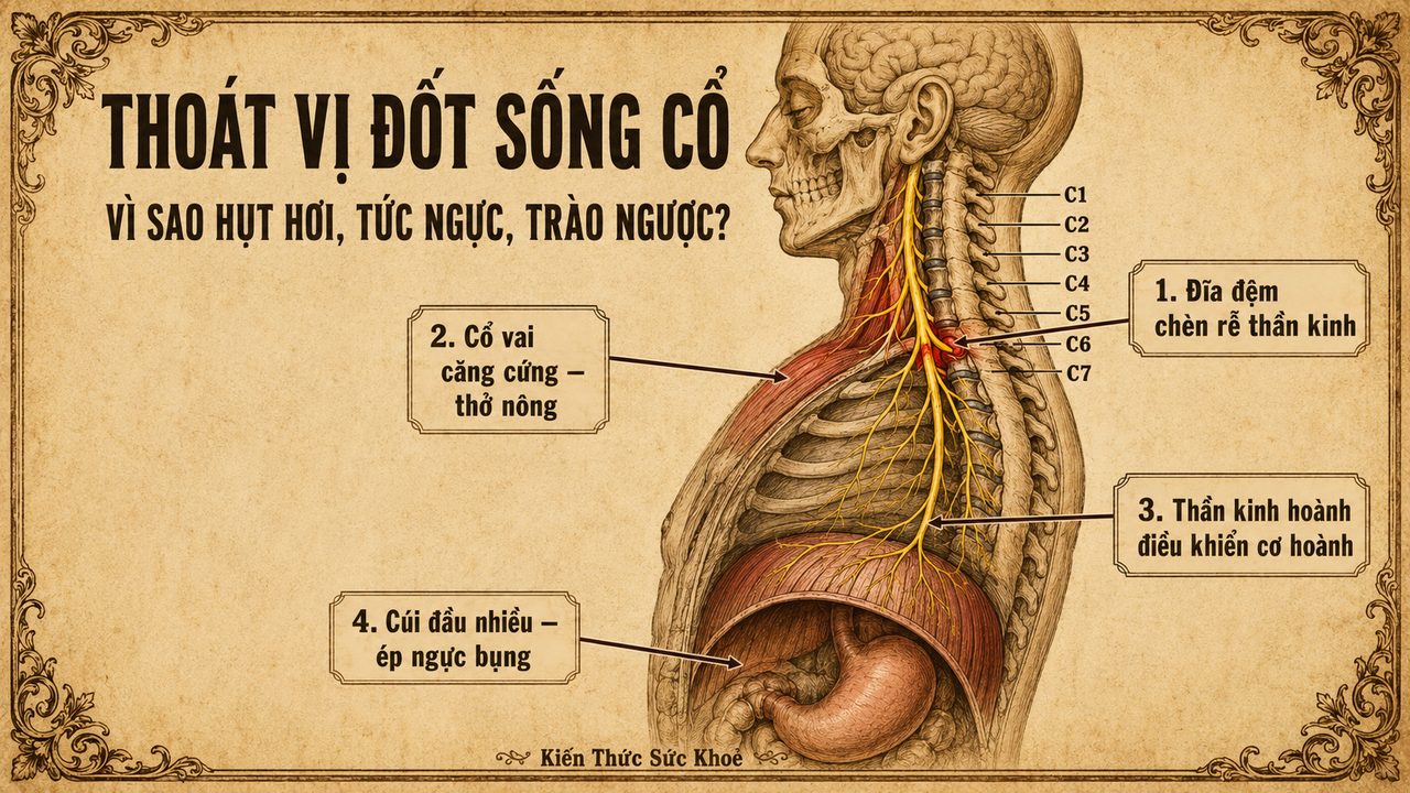 Infographic thoát vị đốt sống cổ: đĩa đệm chèn rễ thần kinh, cổ vai căng cứng gây thở nông, thần kinh hoành điều khiển cơ hoành, cúi đầu nhiều ép ngực bụng
