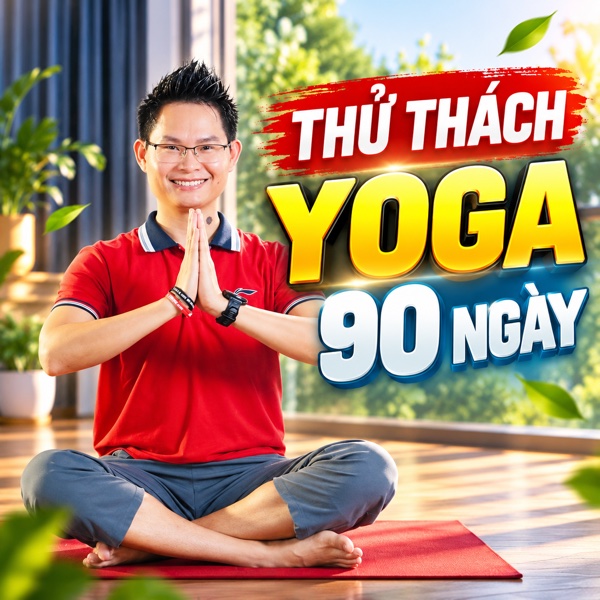 Đặng Kim Ba chắp tay chào, bên cạnh dòng chữ Thử thách Yoga 90 ngày